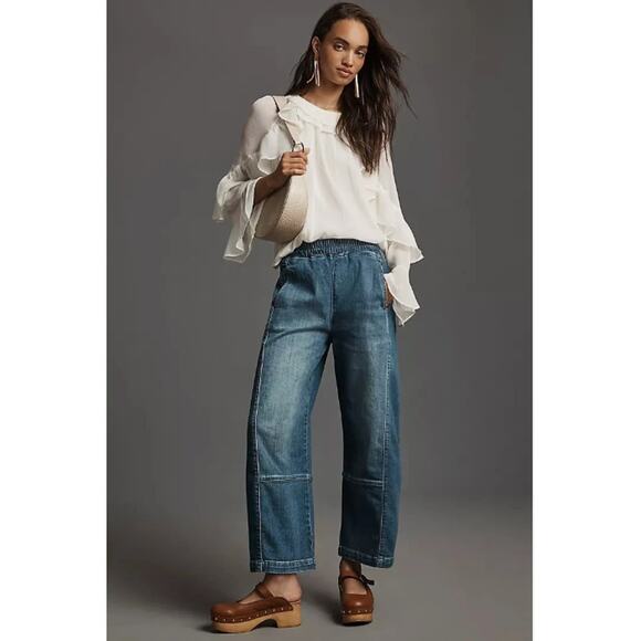 Pilcro Jean Medium The Izzie Relaxed Pull on Barrel Leg Blue Denim Casual Boho - Picture 2 of 16